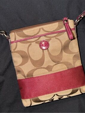 Coach Tan Signature Crossbody with Burgundy Trim